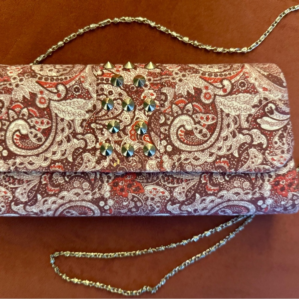 Charming Charlie Paisley Fabric Crossbody/Clutch with Silver Studs Chain Strap